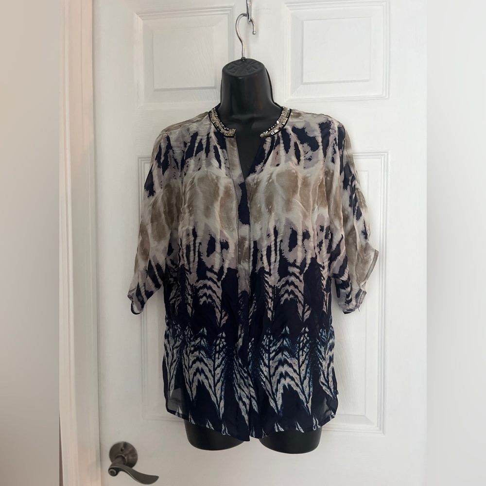 Alberto Makali Navy and Beige Silk Blouse size M - Picture 2 of 15